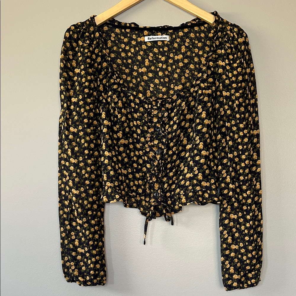 Reformation Italia Blouse Top Floral Size 2 Black Yellow Green‎